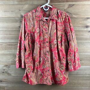 Chaps Womens Shirt 3/4 Sleeve Button Up Paisley Floral Boho Classic Cotton 1X